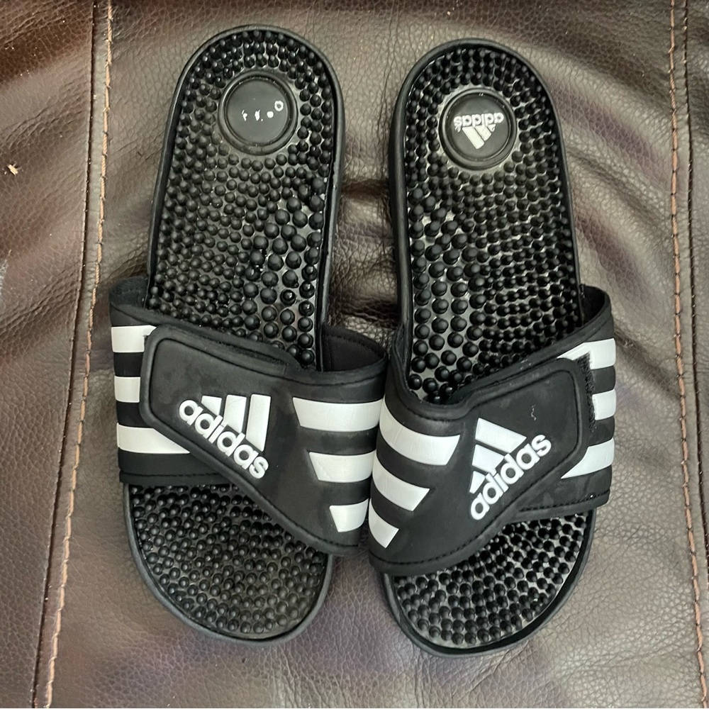 Adidas Black and White Striped Slides